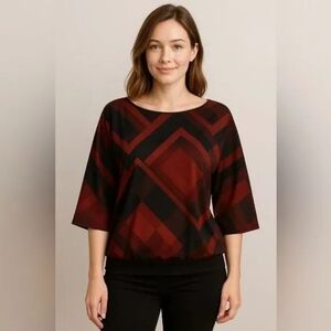 EUC New York & Company Sheer Red and Black Graphic Blouse Size M